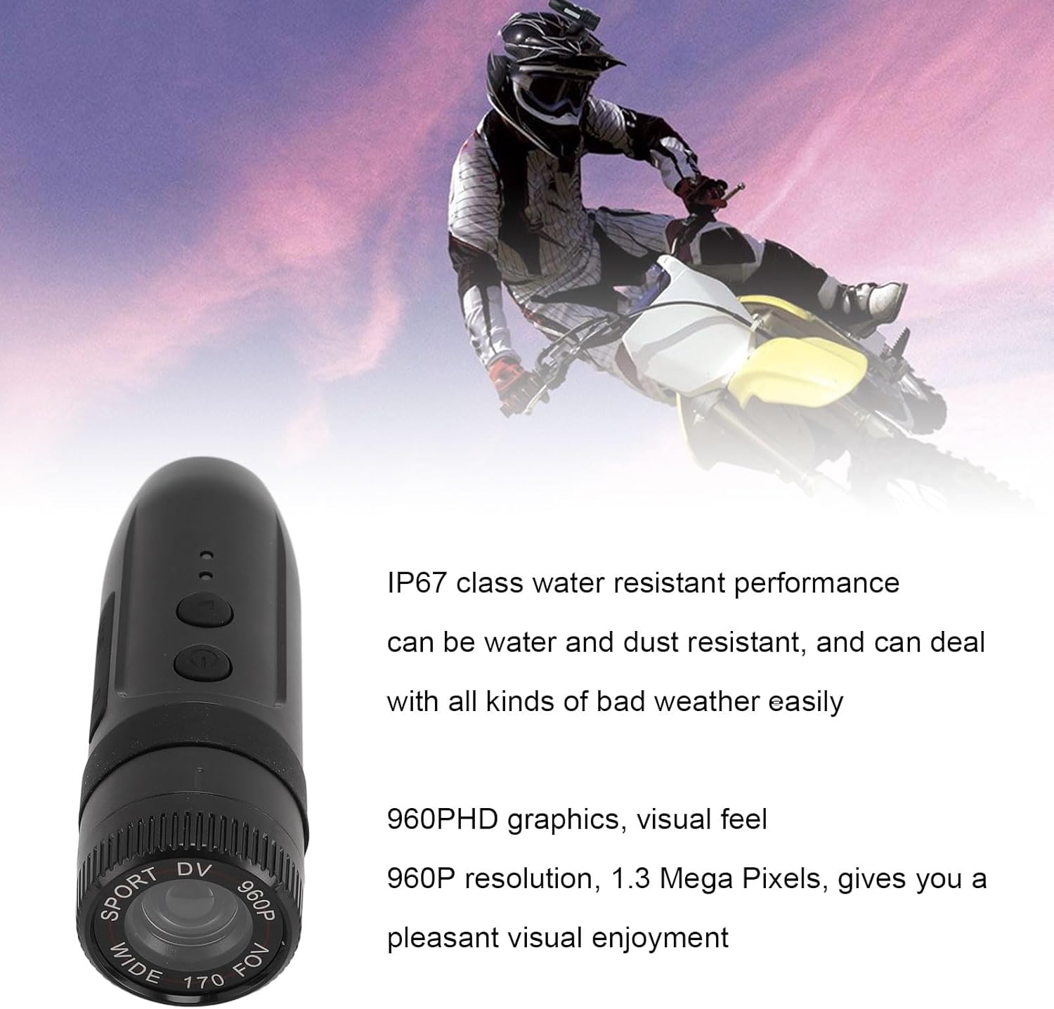 SENECESLI camera with text highlighting IP67 water resistance and 960P HD resolution