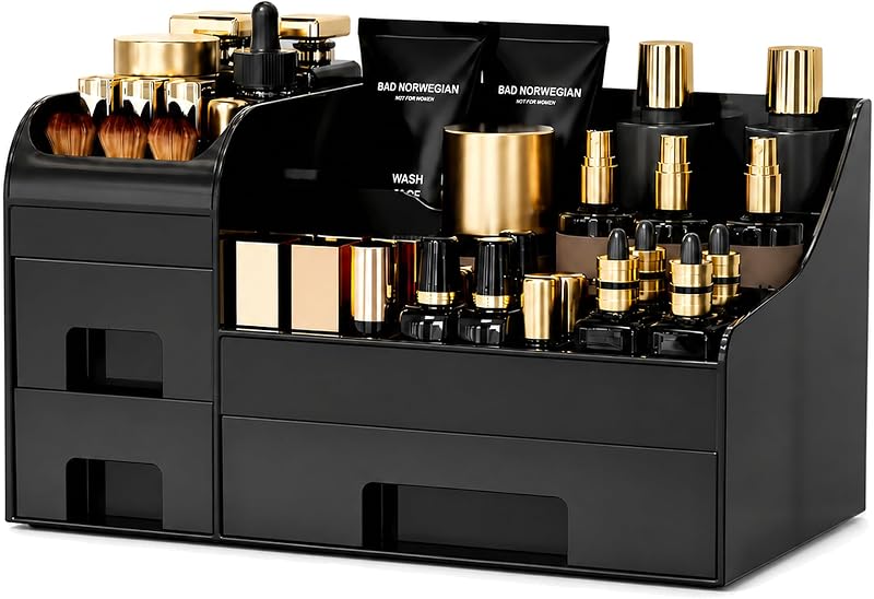 Mriluvy Maleta Organizadora de Maquiagem com 3 Gavetas e Porta-Pincéis, Preta