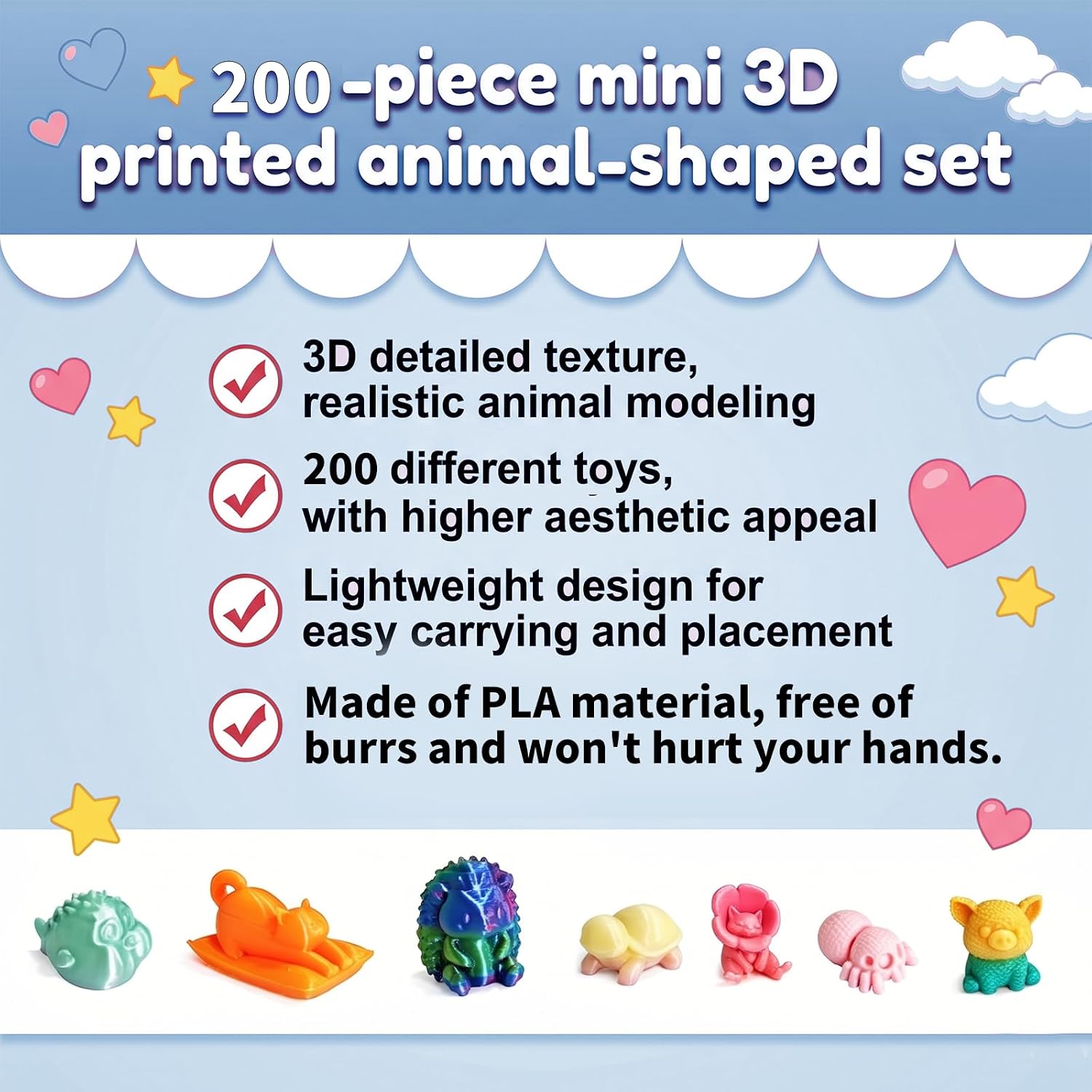 200Pcs 3D Printed Mixed Colors Shapes Mini Figurines Set, Assorted Small Animal Resin Statues for Shelf Display Desk Decor, Party Favors Gift Bag Fillers Bulk