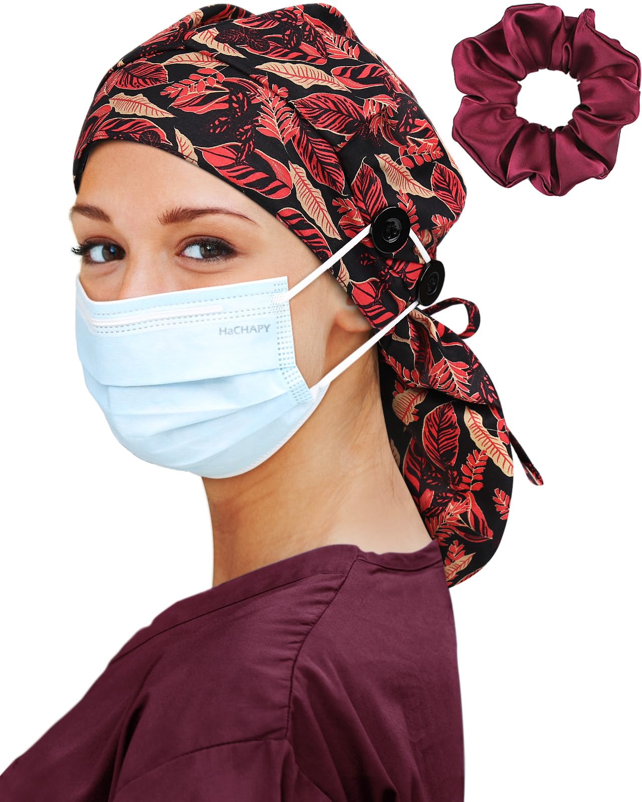 Satin Lined Scrub Cap for Women Extra Large Long Hair Surgical Nurse Cap 4 Buttons