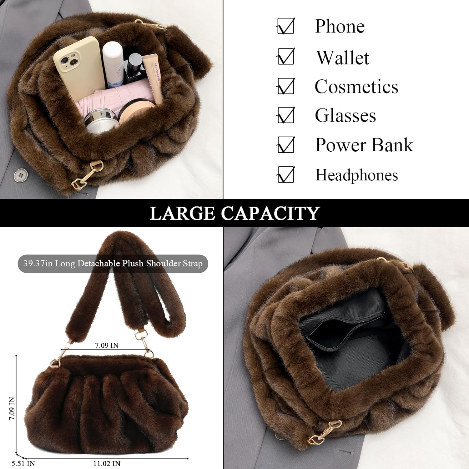 JQAliMOVV Faux Fur Clutch Dumpling Bag Winter Furry Purse for Women Fluffy Shoulder Bag Fuzzy Handbag with Plush Strap - Image 4