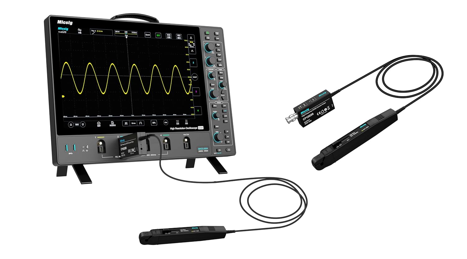 Micsig current probe connected to an oscilloscope displaying a waveform.