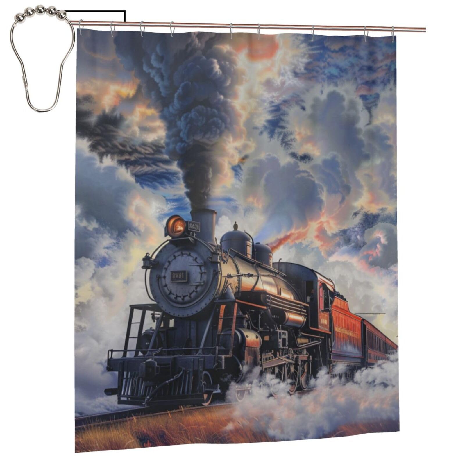 BWWHCCTI Steam Train Clouds Printed Shower Curtain With 12 Iron Hooks Opaque Quick Drying Waterproof Shower Curtains Sets For Bathroom 152x183 Cm