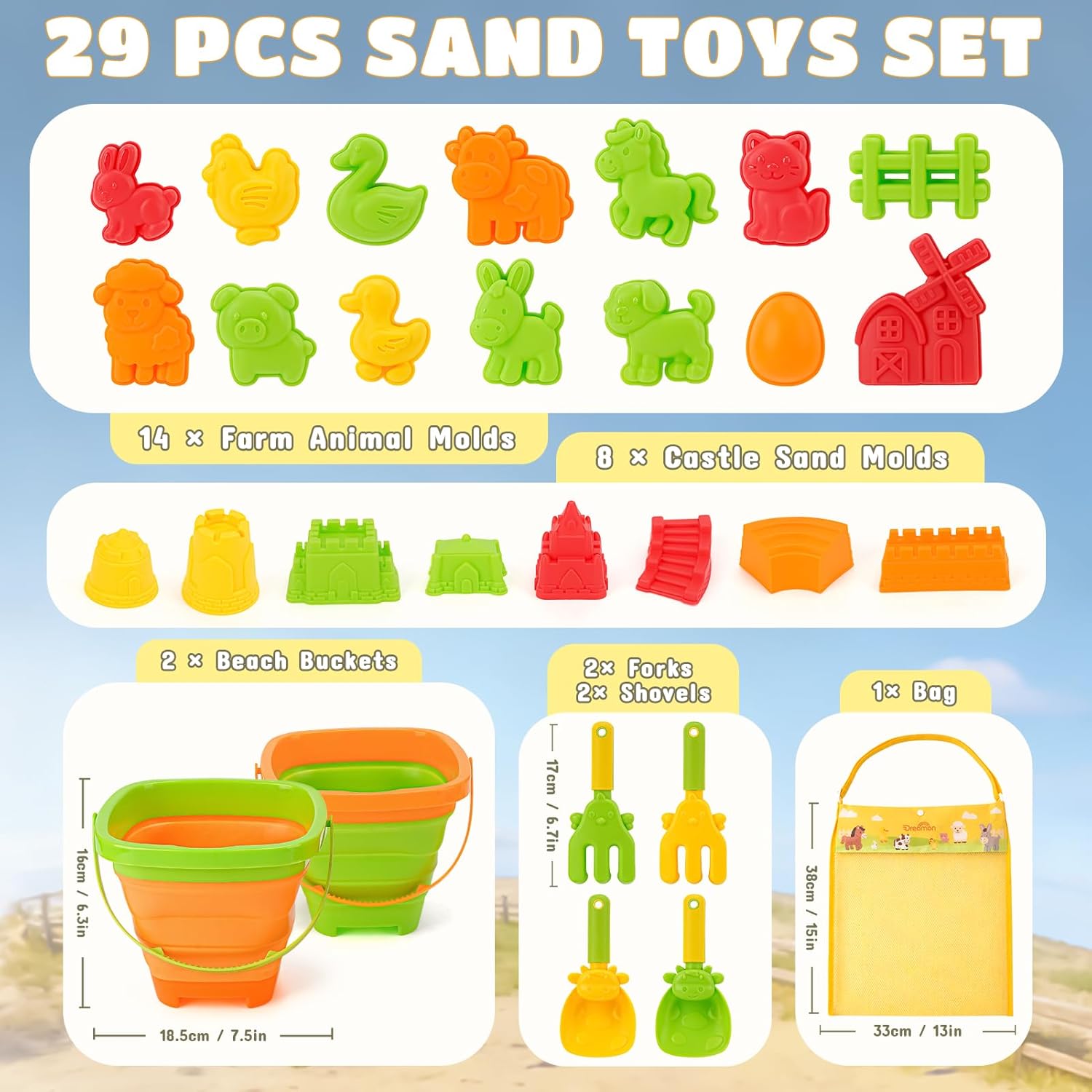 Dreamon Beach Toys for Kids — 29PCS Farm Sand Toys with 2 Collapsible Buckets, Rake & Shovel Set, Sand Molds and Mesh Bag, Sandcastle Building Kit Travel Beach Toys for Kids Ages 4-8