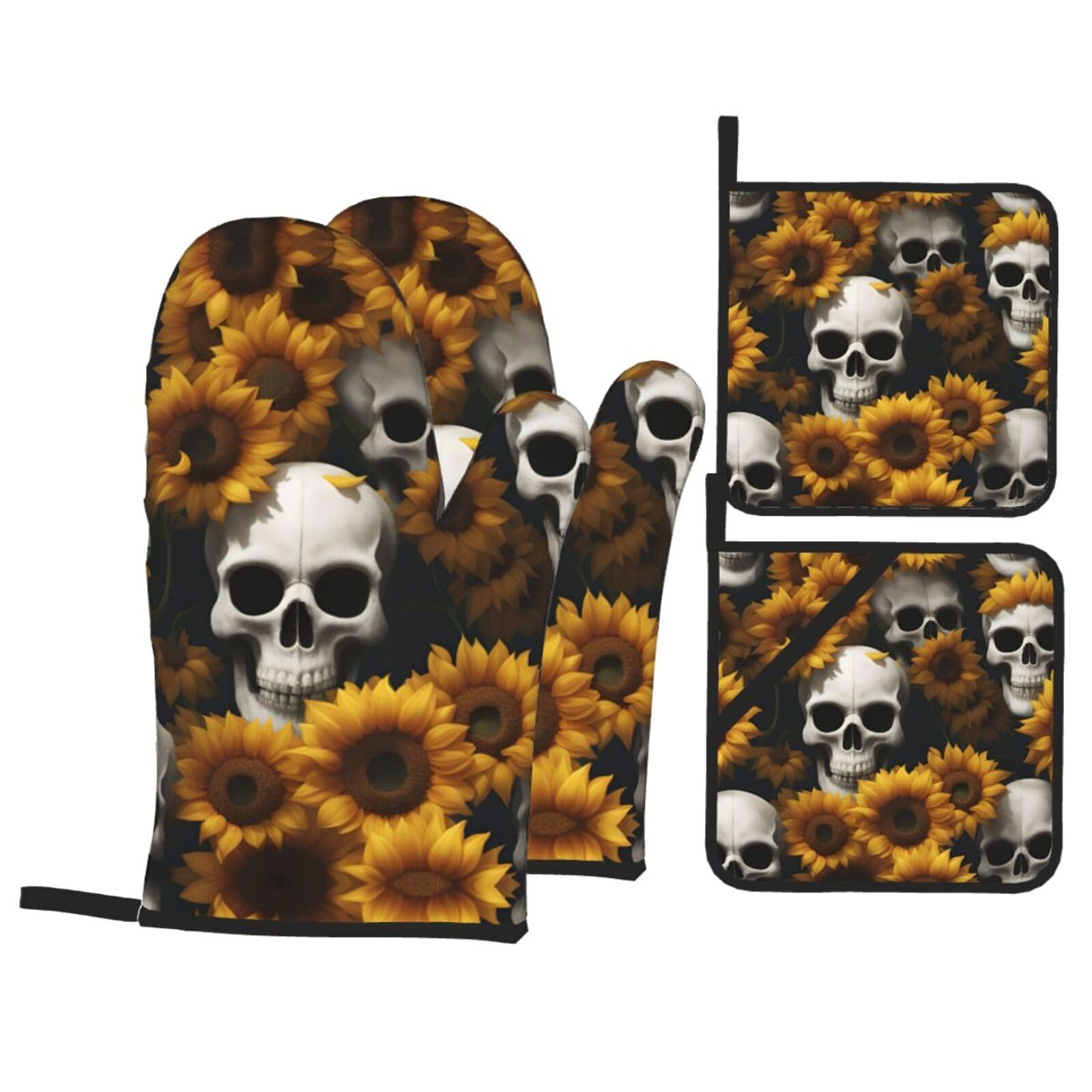 Sunflower Halloween Skull Print Oven Mitts,Pot Holders, Heat Resistant Oven Mitts Gloves,Hot Pads for Kitchen Cooking Grill