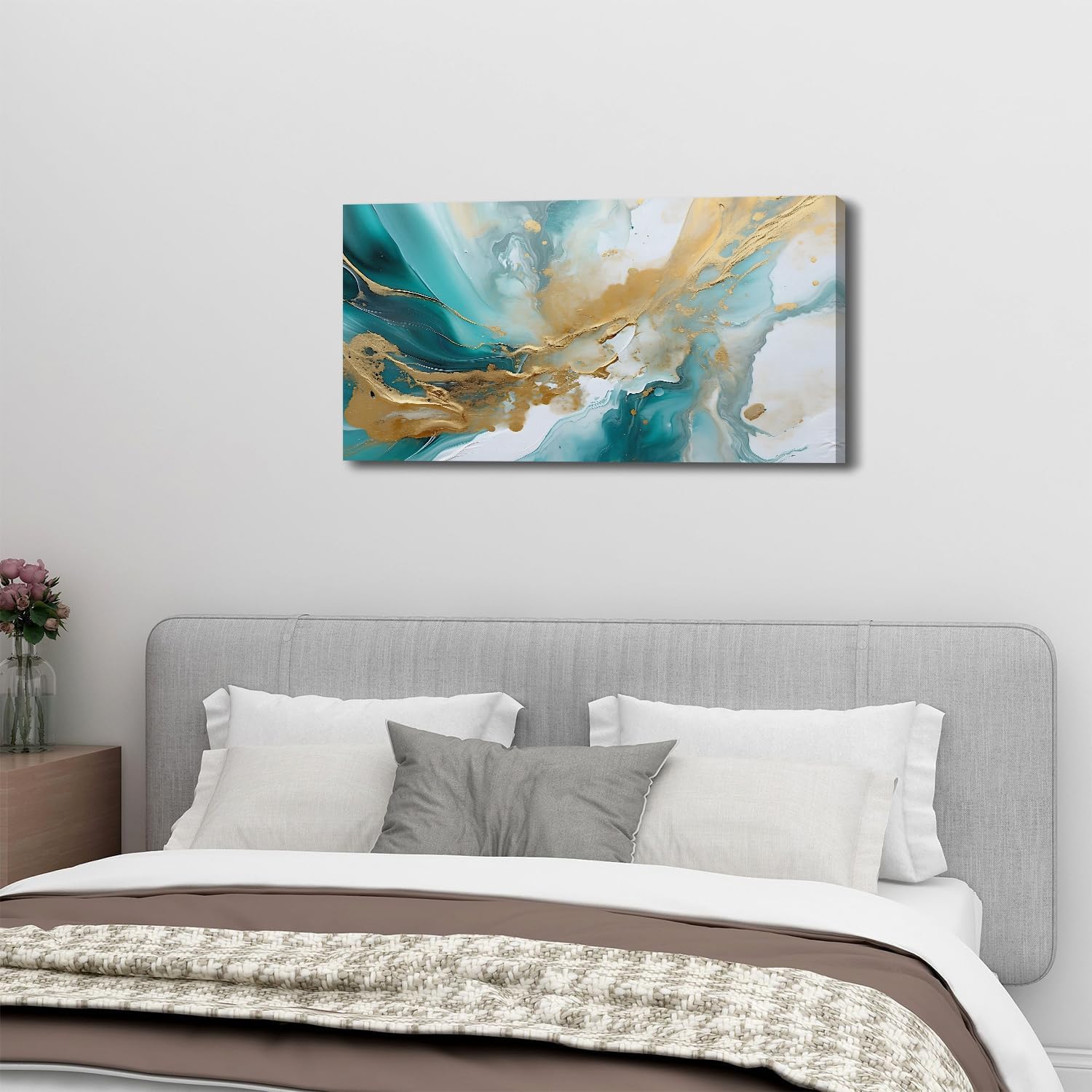 Abstract Teal Wall Art Marble Canvas Picture for Living Room Turquoise Wall Decor Watercolor Teal and Gold Fluid Textured Painting Prints Poster Modern Artwork Bedroom Office Home Decoration 20x40”