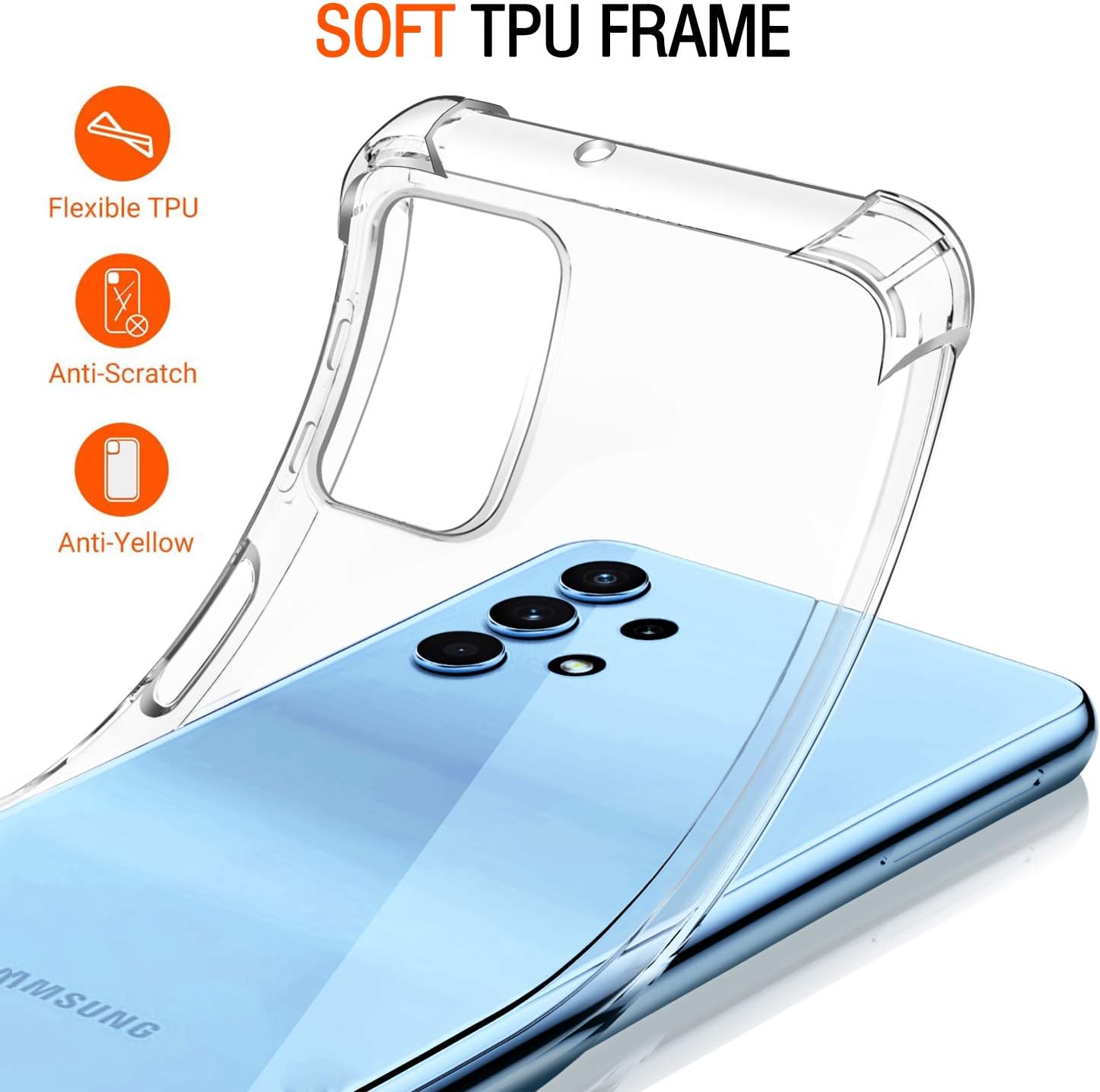 ivoler [4 in 1 Case for Samsung Galaxy A32 4G 6.4" with 3 Pack Tempered Glass Screen Protector, Clear Slim Soft TPU Silicone Protective Shockproof Phone Case for Samsung Galaxy A32 4G- Crystal Clear