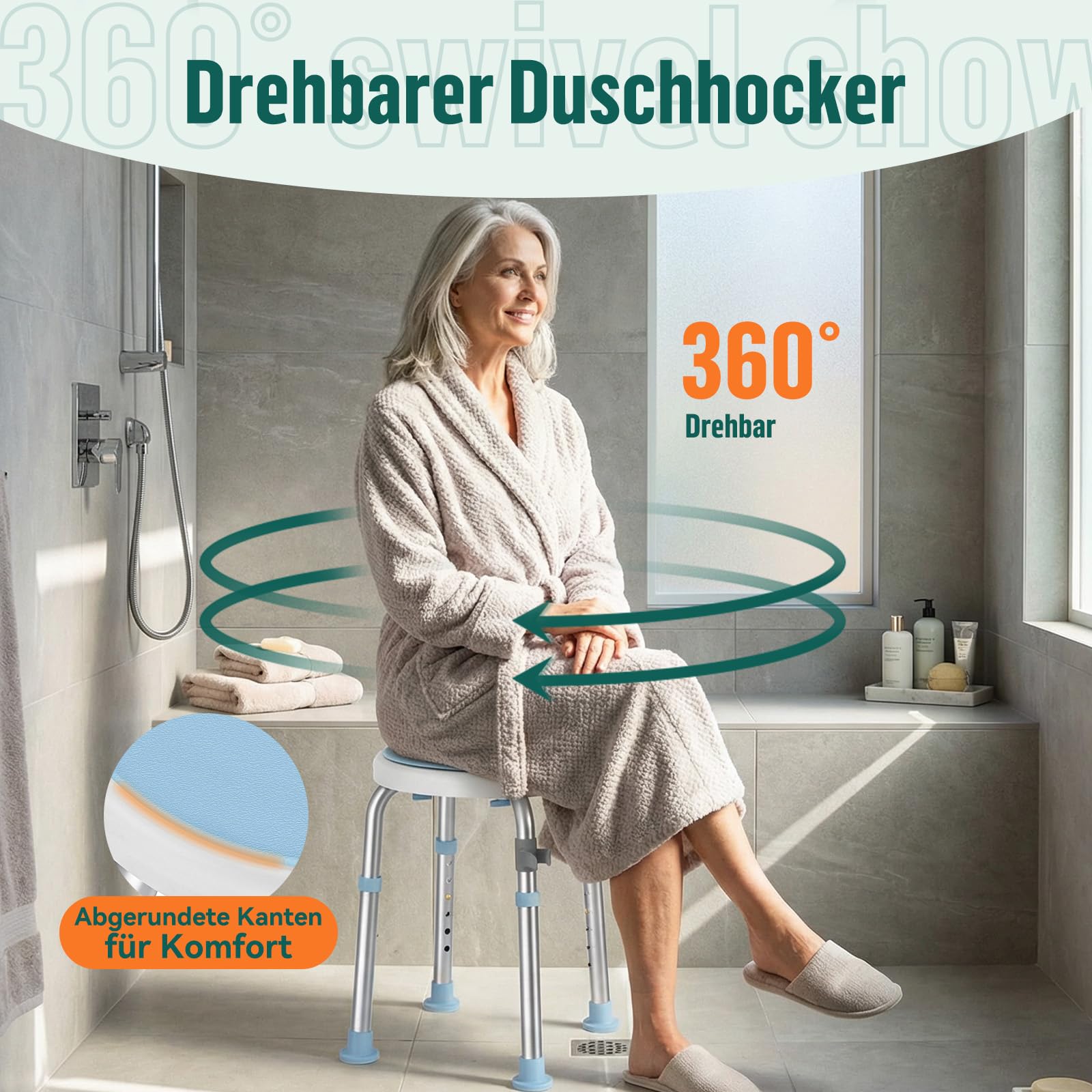 LC01 360°drehbarer Duschstuhl höhenverstellbar – Rutschfester Duschhocker aus Aluminium, Leichter Duschsitz für Senioren, Schwangere & Menschen mit eingeschränkter Mobilität