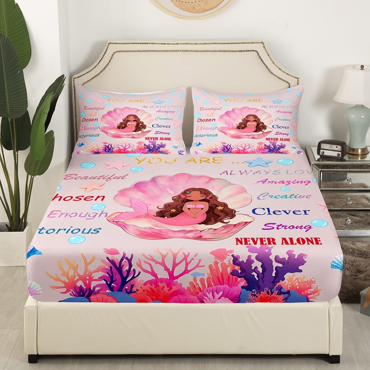Erosebridal Black Mermaid Girl Fitted Sheet Queen for Kids Teens, Black Girls Magical Bed Sheets, African American Girly Inspirational Quotes Bedding Set, Kawaii Princess Bedroom Decor