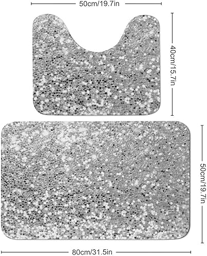 Miniatura 3 de Juego de 2 alfombras de baño de lentejuelas con purpurina sintética de color gris plateado, gris y blanco, alfombra de baño de contorno en forma de