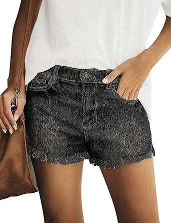 luvamia Women's Casual Mid Rise Denim Shorts Stretch Ripped Raw Hem Jean Shorts