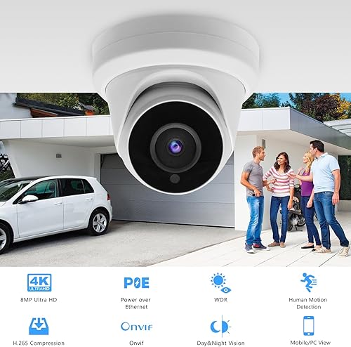 Miniatura 2 de Tennoz Cámara de torreta IP PoE de 8MP 4K para exteriores, cámara domo de seguridad IP H.265 PoE con visión nocturna de 80 pies, lente de 0.110 in,