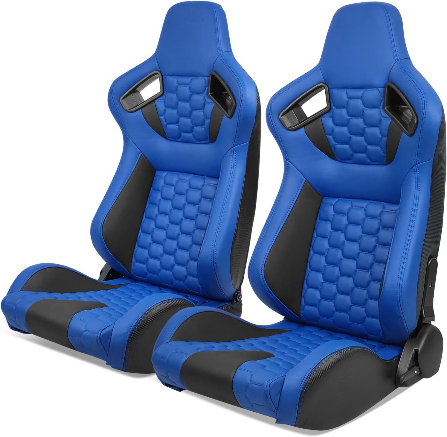 Universal Pairs of Racing Seat with Dual Sliders, PU Leather Front+Carbon Leather Back Reclinable Bucket Seat, Blue & Black+Hexagonal Quilting