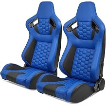 PU Leather Front Racing Seat with Dual Sliders For Universal | Brand of Hyper Glory, Seat can hold 300 LBS & 180 degree backrest Rotation, Blue & Black + Hexagonal Quilting, 2PCS