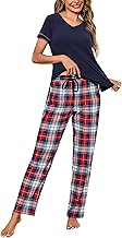 Litherday Women's Pyjama Cotton Winter Short Sleeve Pyjamas Set Women's Sleepwear Long Plaid Pants S-XXL