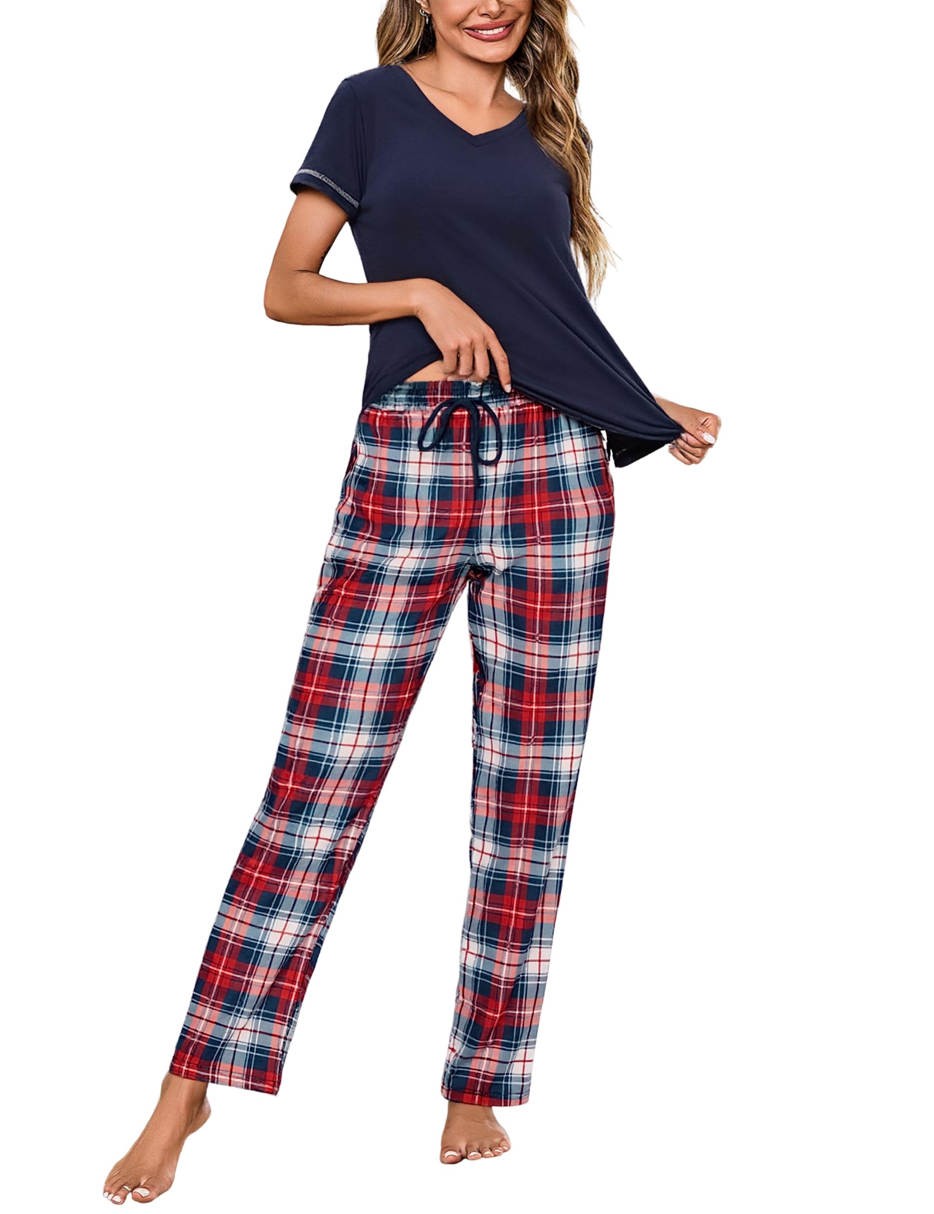 Litherday Schlafanzug Damen Baumwolle Pyjamas Set Kurzarm Nachtwäsche Set Zweiteiliger mit Lang Pyjamahose und Shirt Casual Elastischer Bund Sleepwear