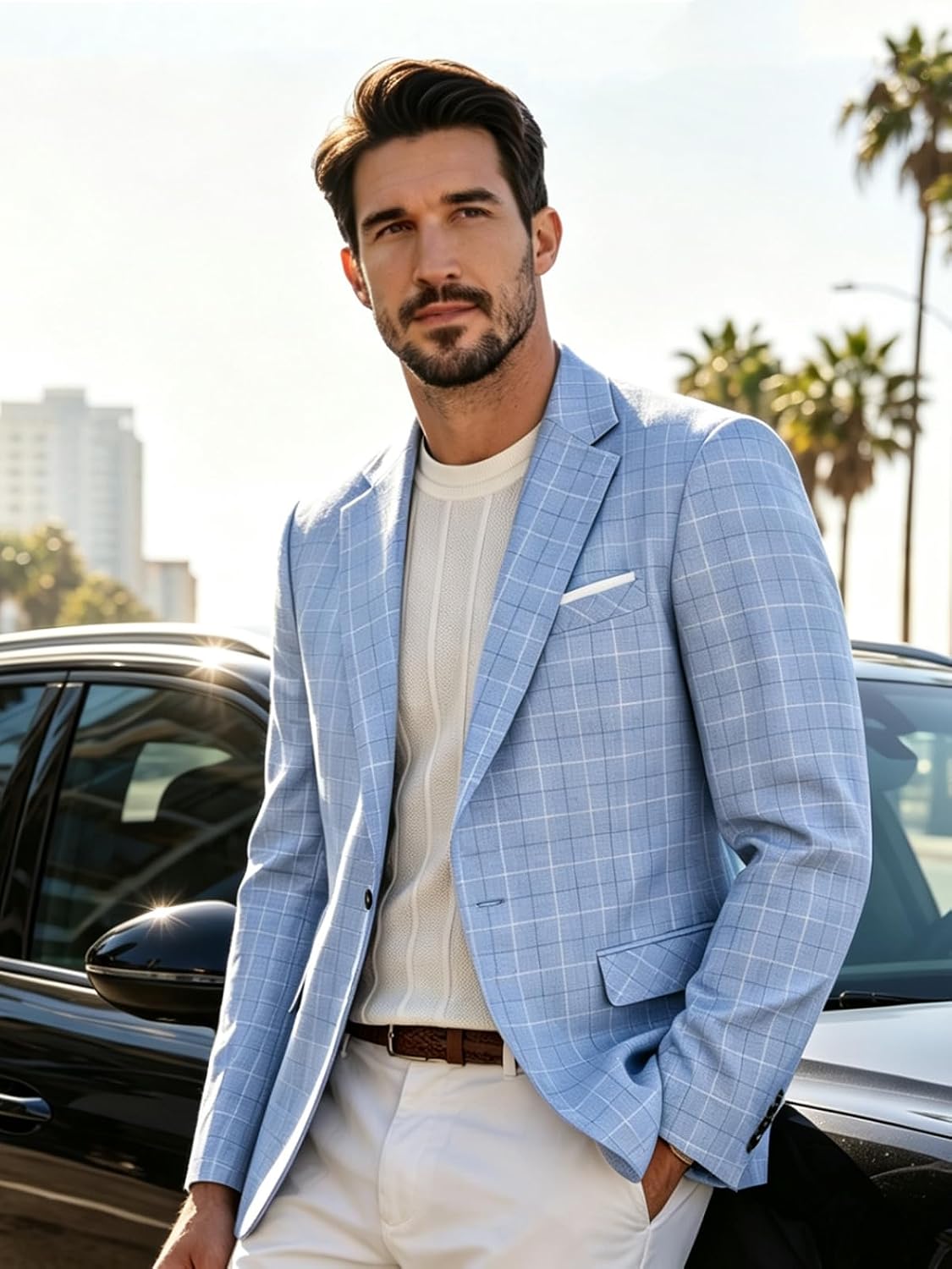 Men's Casual Blazer Slim Fit Sport Coat Lightweight One Button Plaid Suit Jacket for Summer Party Business image 2