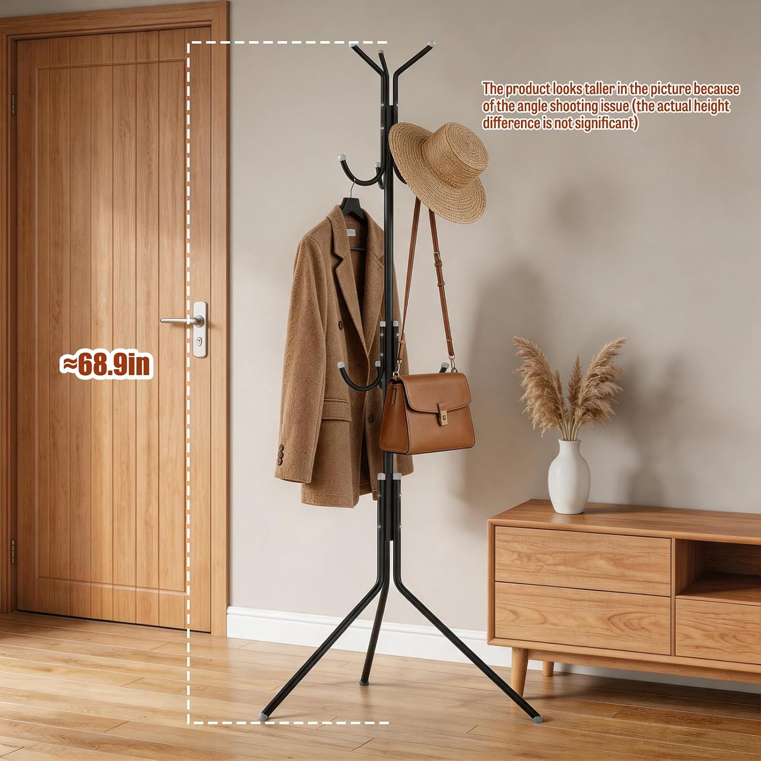Coat rack, easy to move, not easy to fall over, can hang heavy objects,9 hooks, can hold jackets, hats, handbags, and scarves, saving space/office (Pearl Black, Gut Hook)