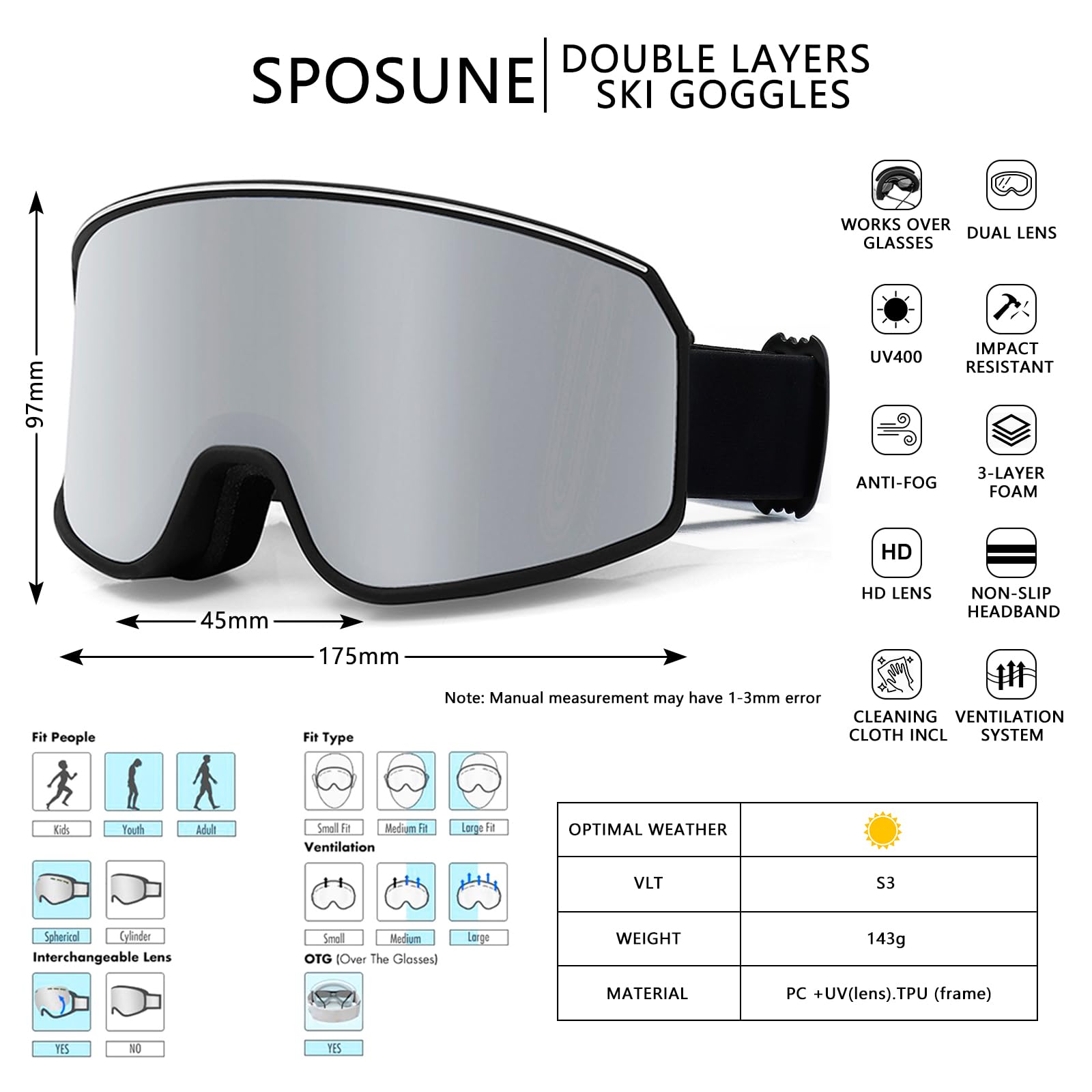 SPOSUNE Ski Goggles Over Glasses with Dual lens, Black&Silvery Lens, 6.69 x 3.54 inch - Image 3