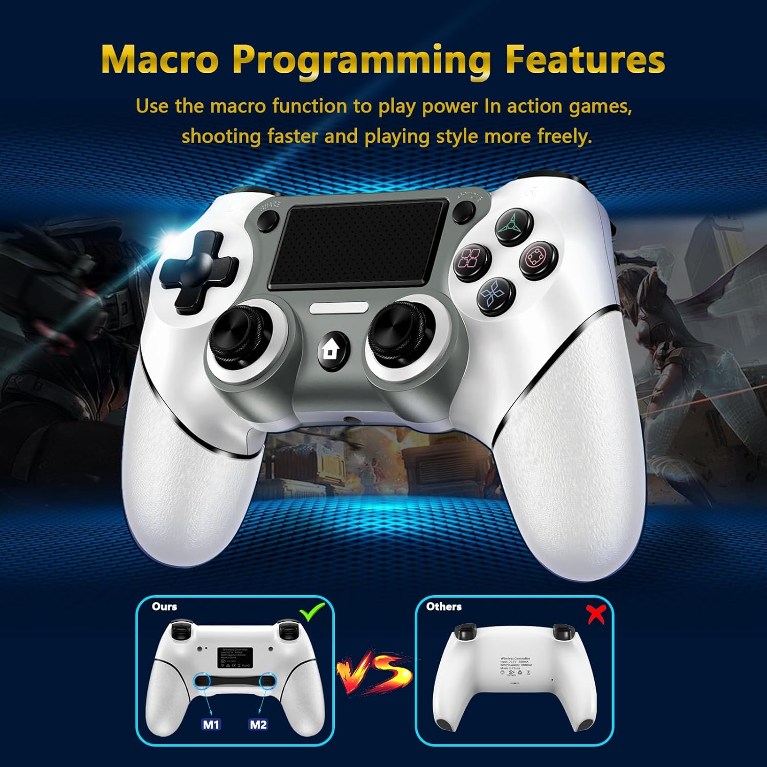 Wireless Controller Compatible with PS4/Pro/Slim, Black ps4 controller with Dual Vibration, 1000mAh Battery, 6-Axis Motion Sensor, Built-in Speaker & 3.5mm Headphone Jack, Charging Cable (White) - Image 3
