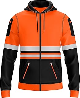 Sweat à capuche haute visibilité pour homme avec bande réfléchissante et cordon de serrage, plusieurs poches zippées haute visibilité