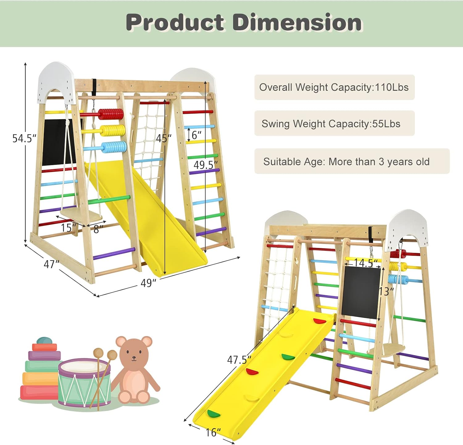 Costzon Indoor Playground, 8-in-1 Montessori Jungle Gym Beech Wood Climbing Toys for Toddlers w/Double-Sided Slide, Climbing Rock/Net, Indoor Playground Climber Playset for Kids 3+ Years (Rainbow)
