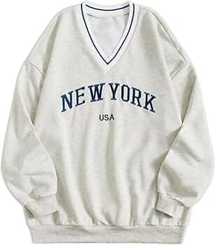 Remidoo Womens New York Embroidered V Neck Sweatshirt Oversized