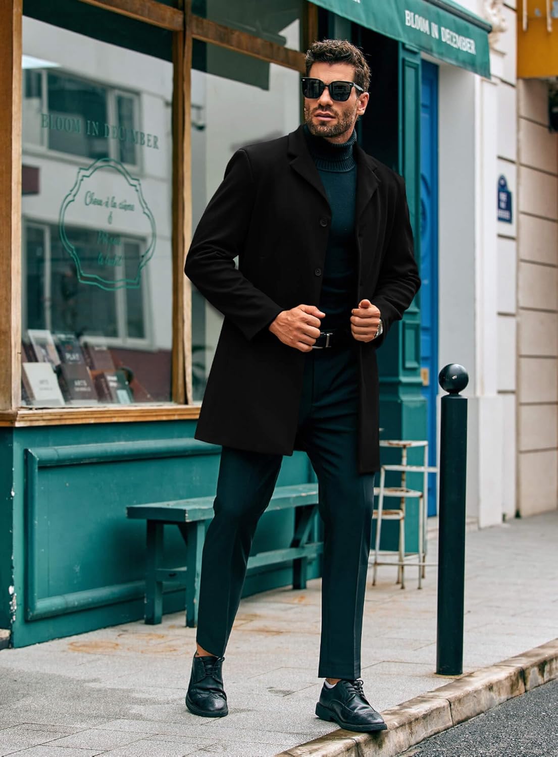 PASLTER Mens Mid Long Trench Coat Slim Fit Winter Pea Coat Single Breasted Business Overcoat - Image 3