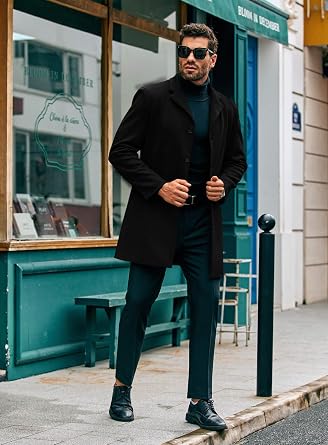 PASLTER Mens Mid Long Trench Coat Single Breasted Pea Coats