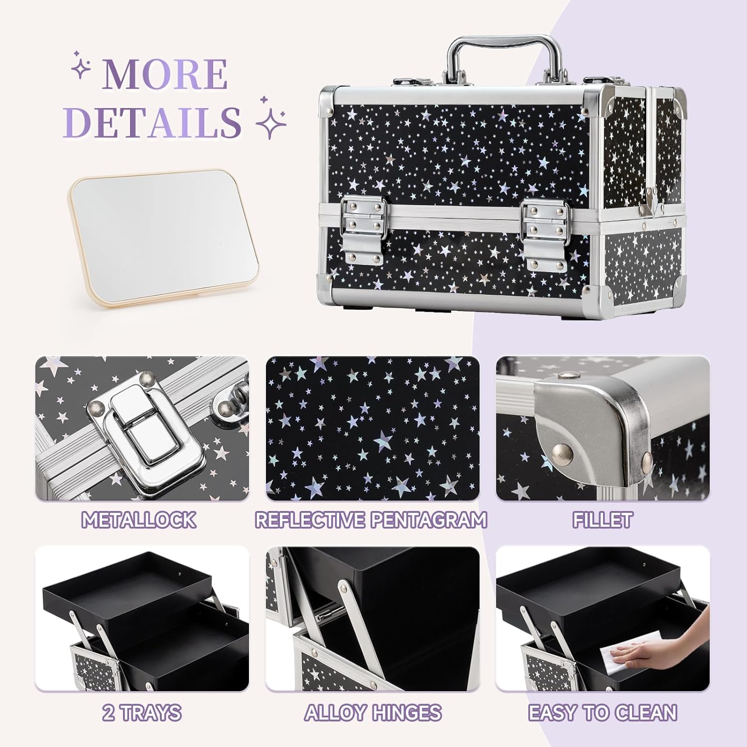 Leeora&Leekoo Makeup Train Case Cosmetic Box Portable Makeup Case Organizer 2 Trays Makeup Storage with Mirror for Cosmetologist Aesthetic Supplies Nail Tech Traveling Makeup Box (Flashing Star) - Image 7