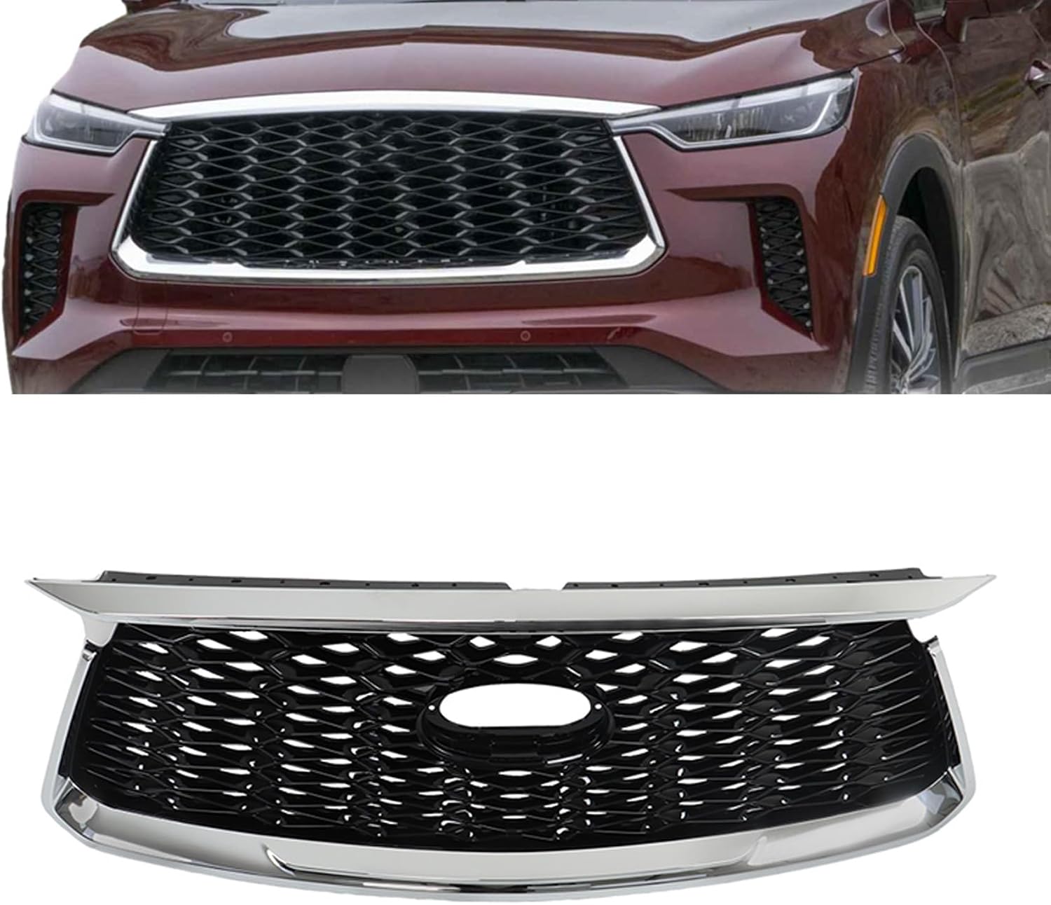 Silscvtt Front Grille Upper Black with Chrome Molding Honeycomb Mesh Style Replacement for QX60 2022-2023 62310-6SA1B