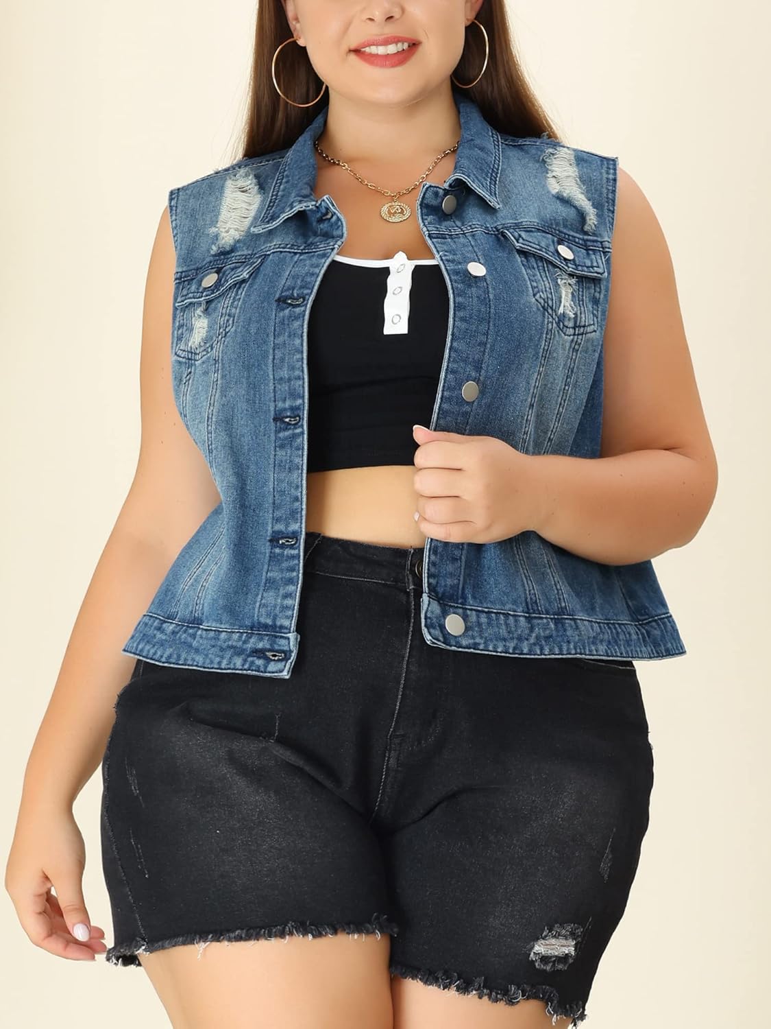 uxcell Denim Vest Top for Women Plus Size Sleeveless Button Down Waistcoat with Two Chest Flap Pockets Jean Jacket Vest