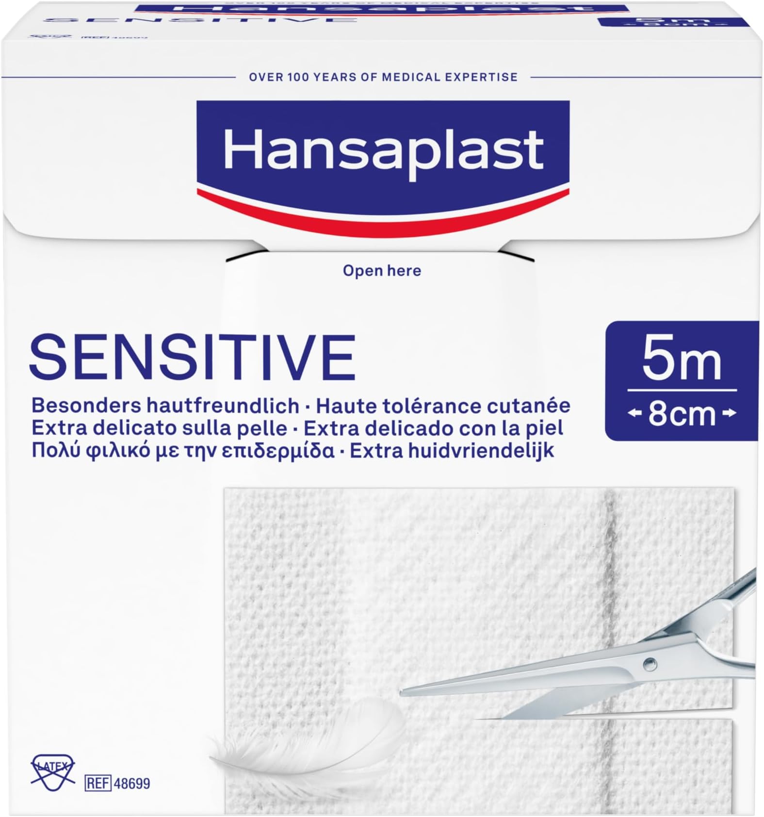 Sensitive Plasters (5 m x 8 cm), Cut to Size and Skin-Friendly Wound Plasters with Safe Adhesion, Painless to Remove Plasters