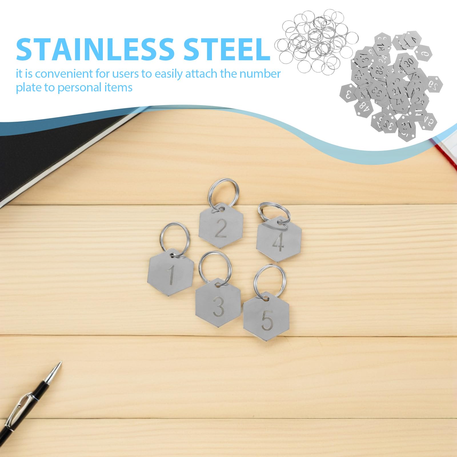 Lurrose 50 Stück Schlüsselanhänger mit Nummernschild aus Edelstahl Sechseckige Verschleißfeste Etiketten für Persönliche Beschriftung und Vielseitige Anwendungen