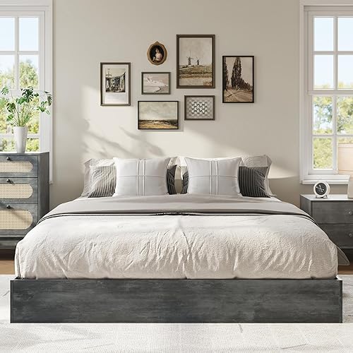 Miniatura 9 de IDEALHOUSE Base de cama de plataforma tamaño Queen, soporte de listones de madera, no necesita somier, fácil montaje, natural Natural,Gris