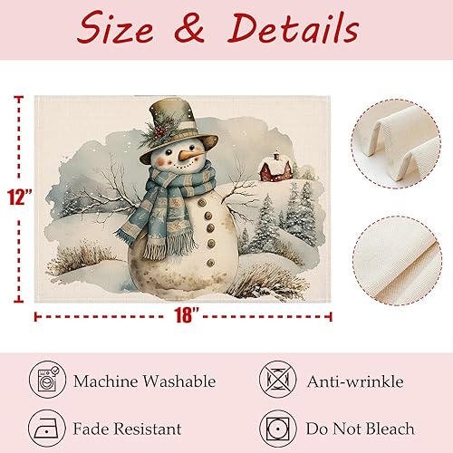 Miniatura 6 de Juego de 4 manteles individuales de Navidad de muñeco de nieve azul, 12 x 18 pulgadas, para vacaciones, invierno, granja, rústico, manteles