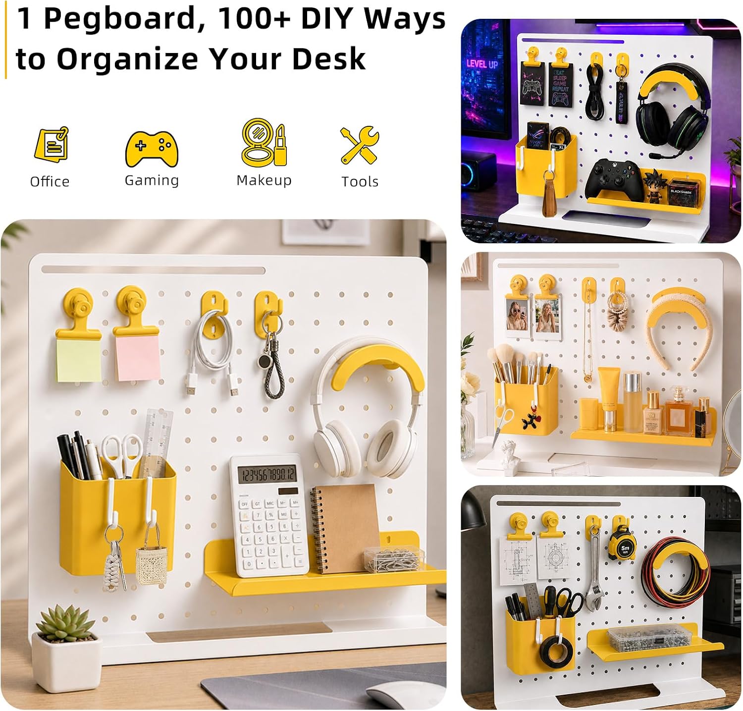 Metal Desk Pegboard Organizer, No Drill Modular Storage Kit 10 Accessories 15.8x11.8in White Yellow for Office Vanity