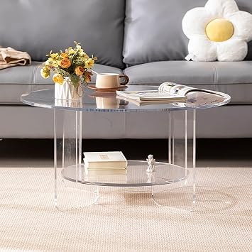 Round Acrylic Coffee Table, Modern Minimalist Center Table with Storage Shelf, 2 Tier Circle Cocktail Table Accent Furniture for Living Room, Home, Office60cm/24inch, Clear