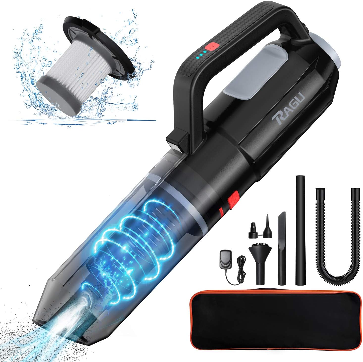 RAGU Handheld Vacuum Cordless 7Kpa, Portable Vacuum Cleaner with Blow Function and Powerful Suction, 2500mAh Rechargeable Battery, Wet Dry Mini Car Vacuum Cleaner for Pet Hair, Carpet, Home