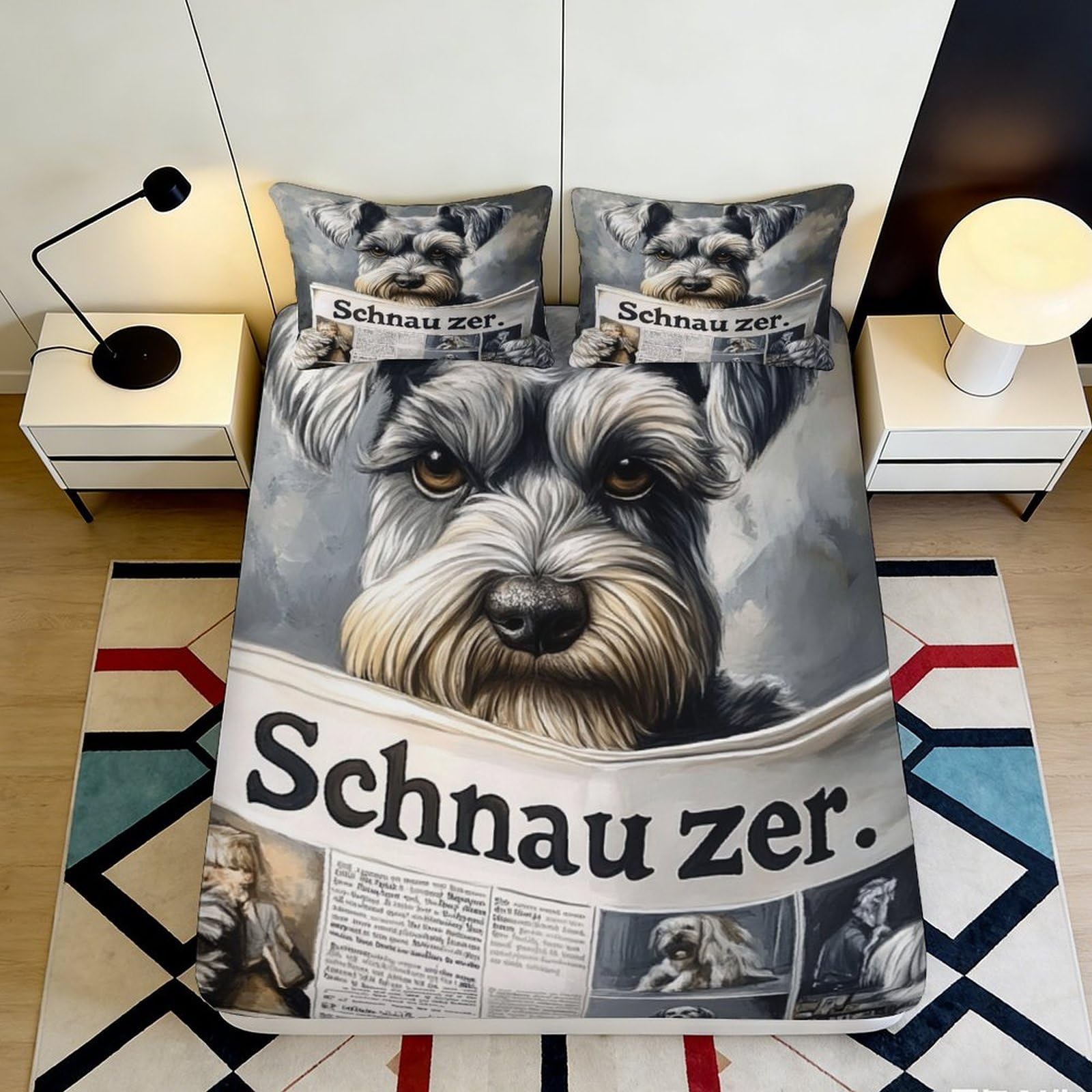 Pnayamiorkfel Style-9 3D Printed Schnauzer Dog Fitted Sheet Microfiber Soft Breathable Cartoon Newspaper Bed Cover For Bedroom Decor 90X200x25cm
