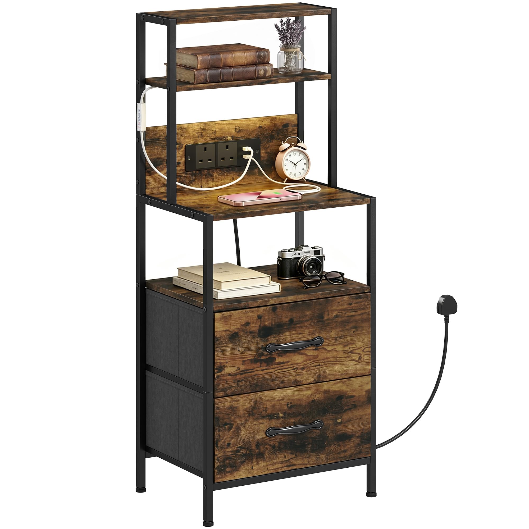 HOMCOM Bedside Table Bedside Cabinet Charging Station LED Rustic Brown