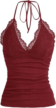 LOFAAC Women Sexy Y2K V Neck Lace Patchwork Halter Tank Top Cute Slim Sleeveless Ruched Lace Trim Going Out Cami Shirt