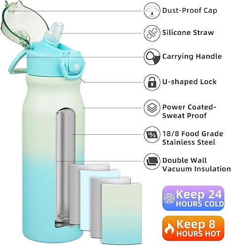 Miniatura 2 de BJPKPK - Botella de agua reutilizable de acero inoxidable con tapa y pajilla, 25 onzas, termo metálico que mantiene el frío y el calor, color menta