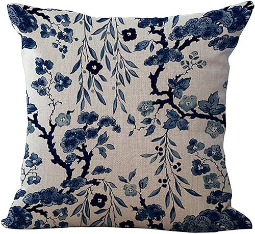 Funda de almohada decorativa de porcelana azul y blanca, diseño floral chinoiserie, funda de cojín de lino y algodón, funda de almohada cuadrada