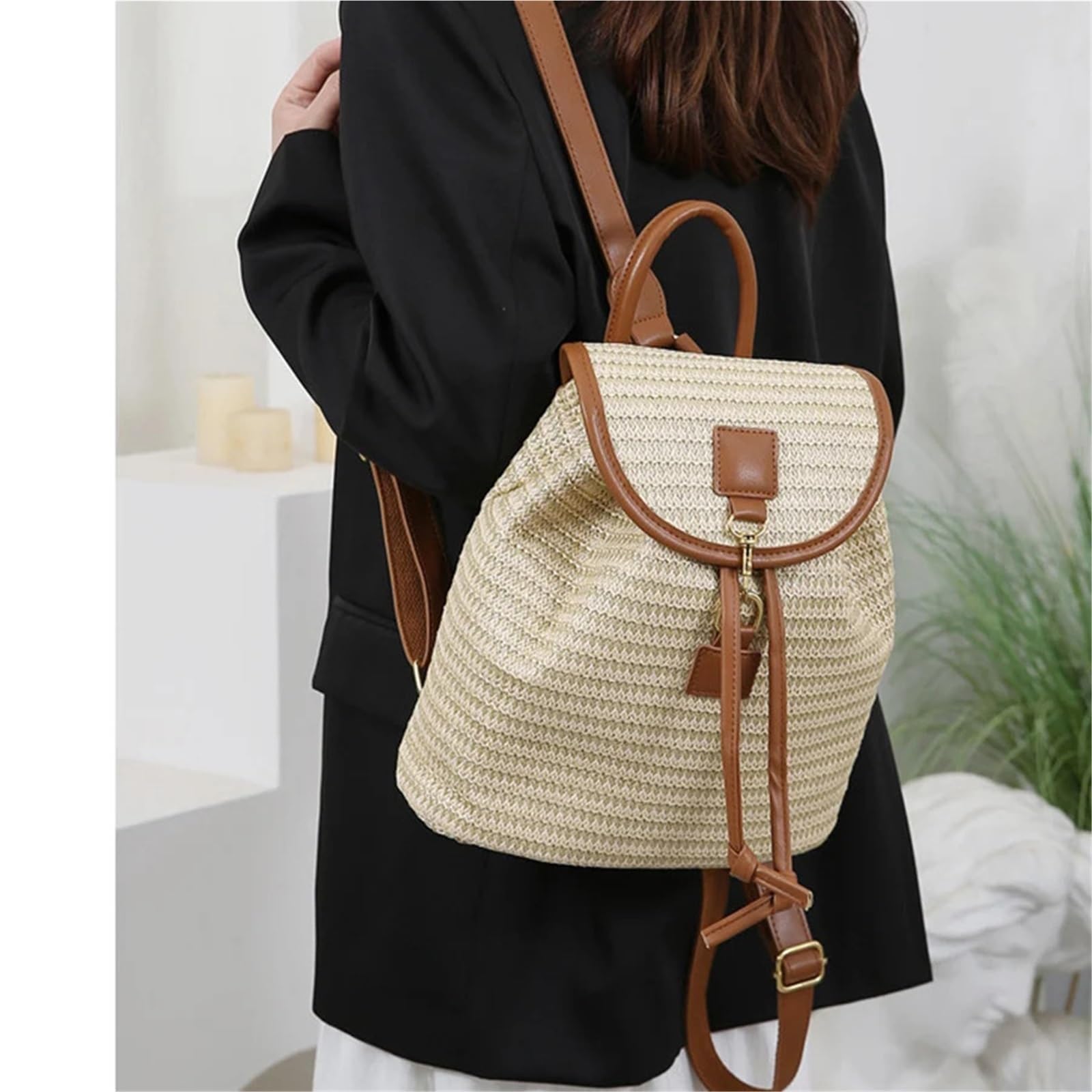 Zaino estivo a spalla vuota in paglia Boho da donna