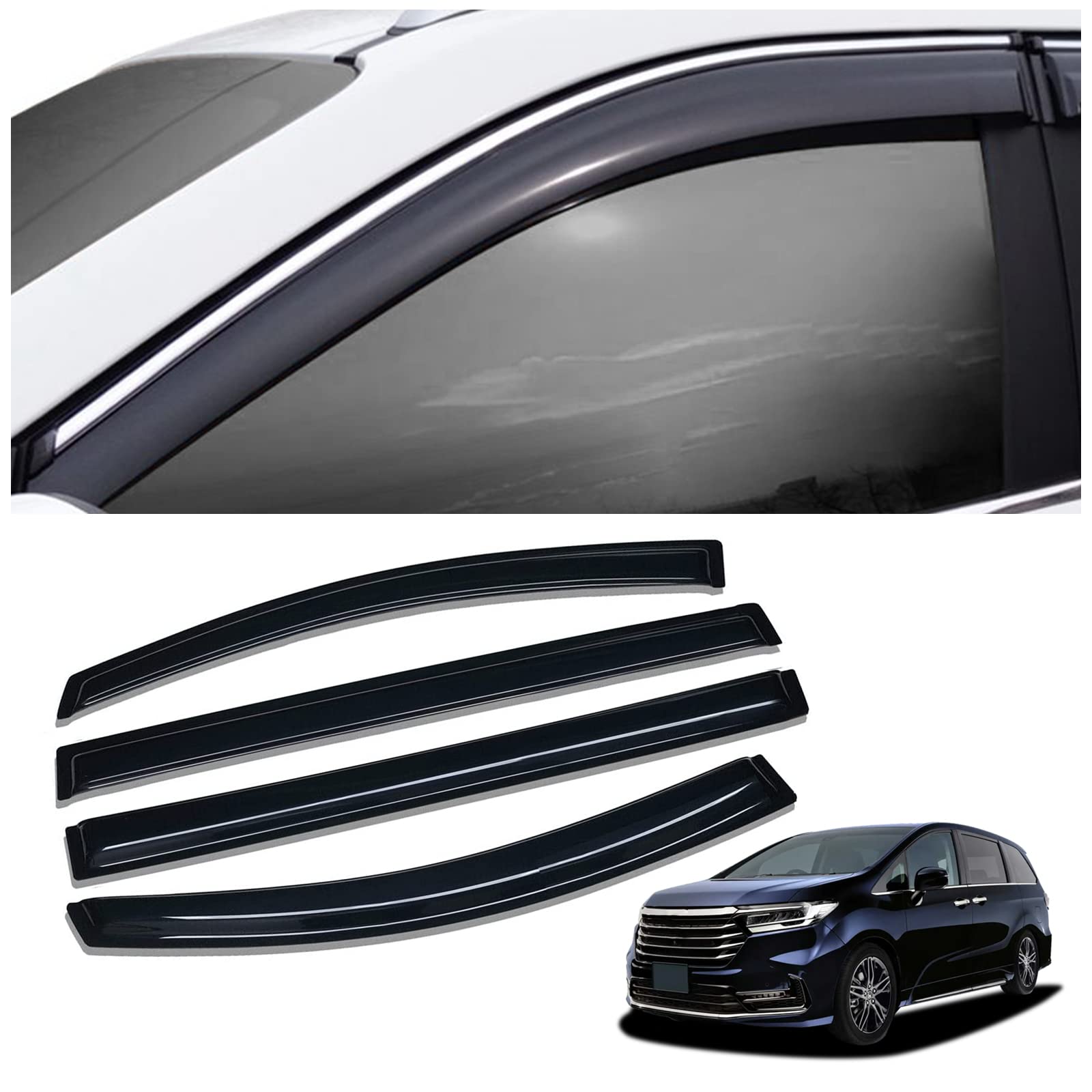 Photo 1 of SAOKNCE 4 Pieces Tape-on Rain Guards Fit for 2018-2022 Honda Odyssey, 94452 (Smoke Black)