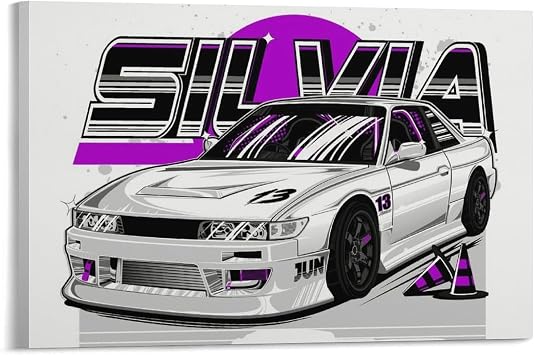 JDM Car S13 White Front Face Black Wheels Illustration Art Car Posters & Prints Car Canvas Wall Art Living Room Decor for Men Aesthetic Paintings Pictures Wall Decor Framed Unframed 12x18inch30x45cm