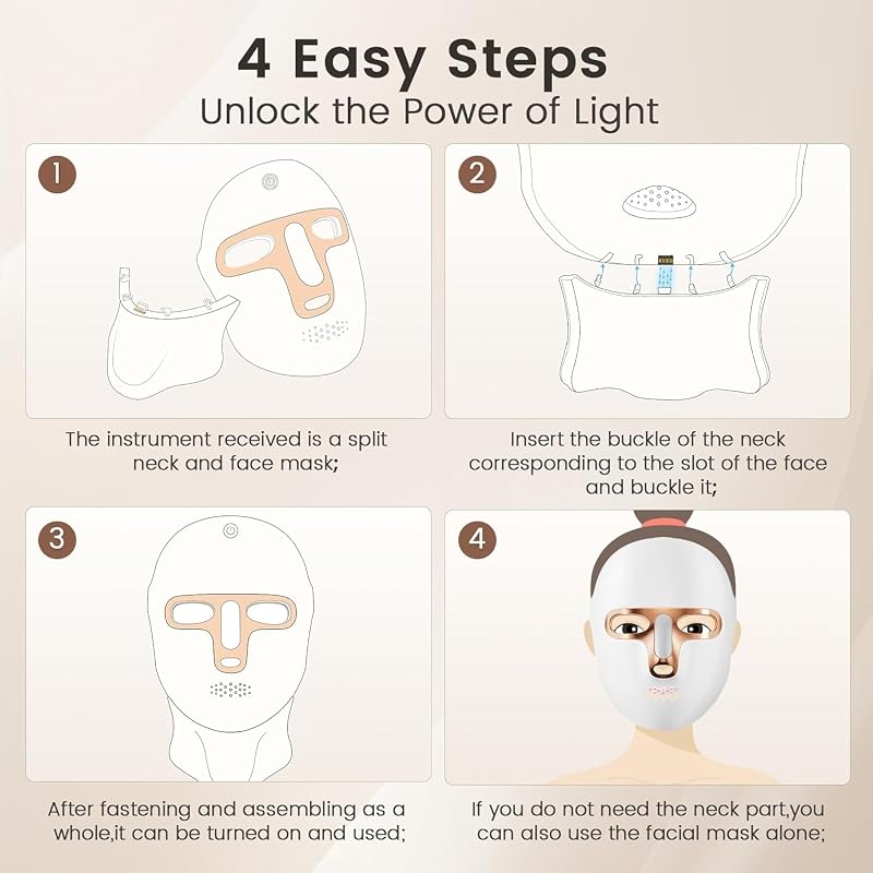Red Light Therapy Mask for Face & Neck, LED Face Light Therapy,USB C Rechargeable,Infrared Mask for Home Working Travel Yoga (White Gold) image 6