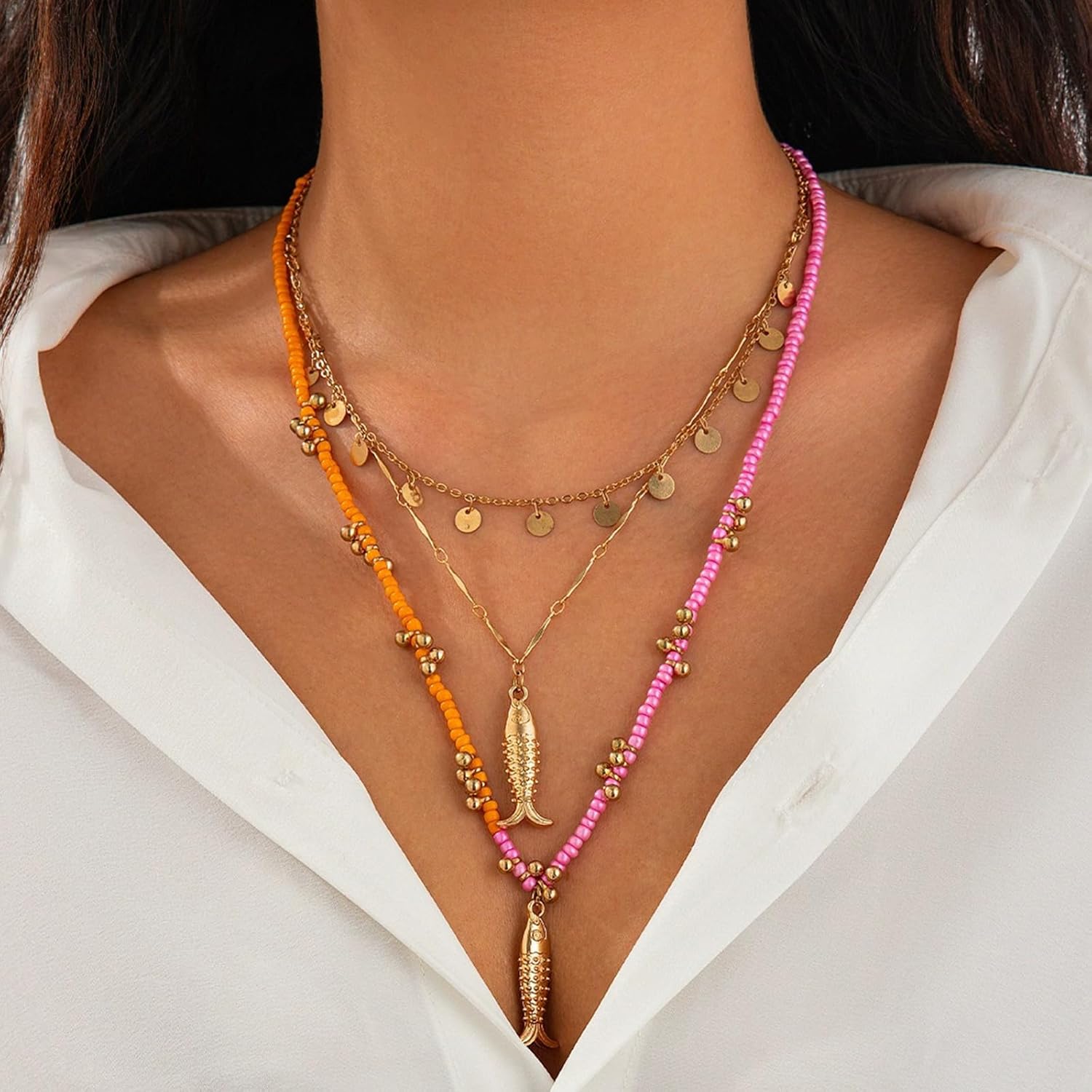 Fish Necklace for Women Beaded Fish Necklace Sardine Pendant Necklaces Trendy Beach Necklaces Summer Ocean Jewelry - Image 2