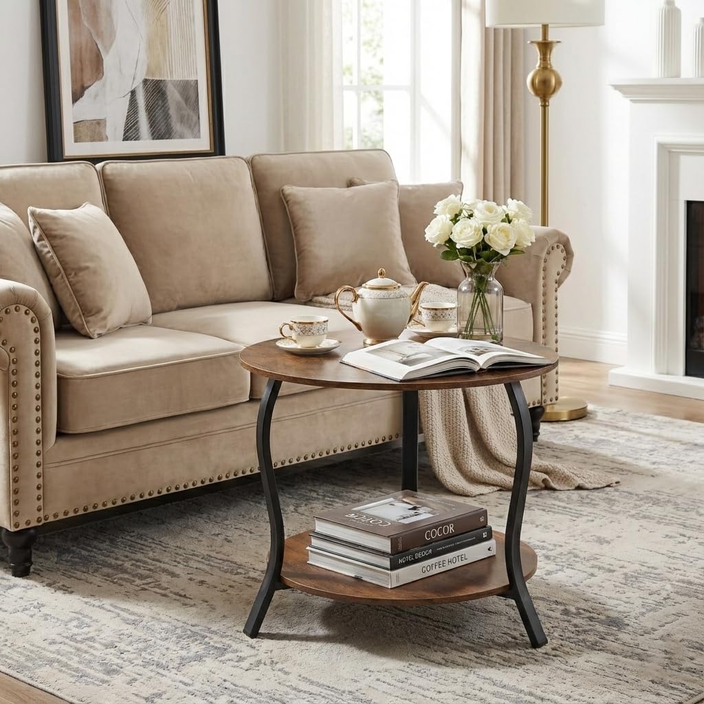 Small Round Coffee Table with Open Storage,23" 2-Tier Coffee Side Tables for Small Space, Accent Center Table Circle Sofa End Table with Wooden Table Top for Living Room Bedroom (Rustic Brown)